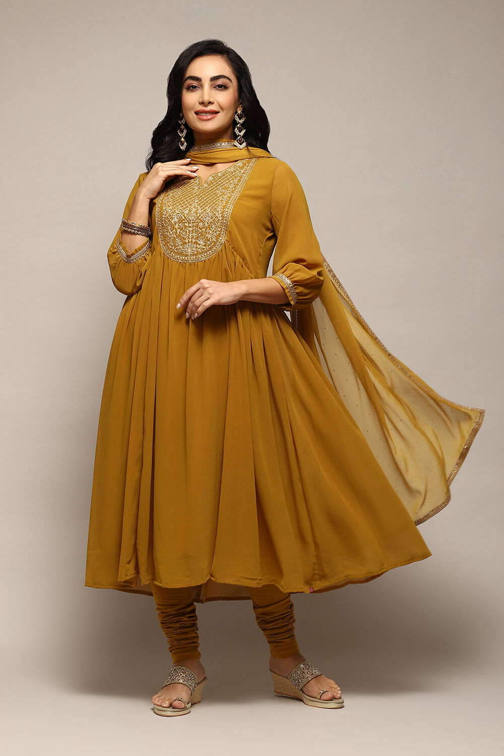 Buy Lime Yellow Polyester Gathered Kurta Churidar Suit Set Kurta