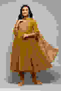 Lime Yellow Polyester Gathered Kurta Churidar Suit Set image number 0