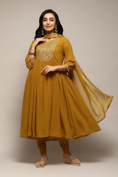 Lime Yellow Polyester Gathered Kurta Churidar Suit Set image number 0