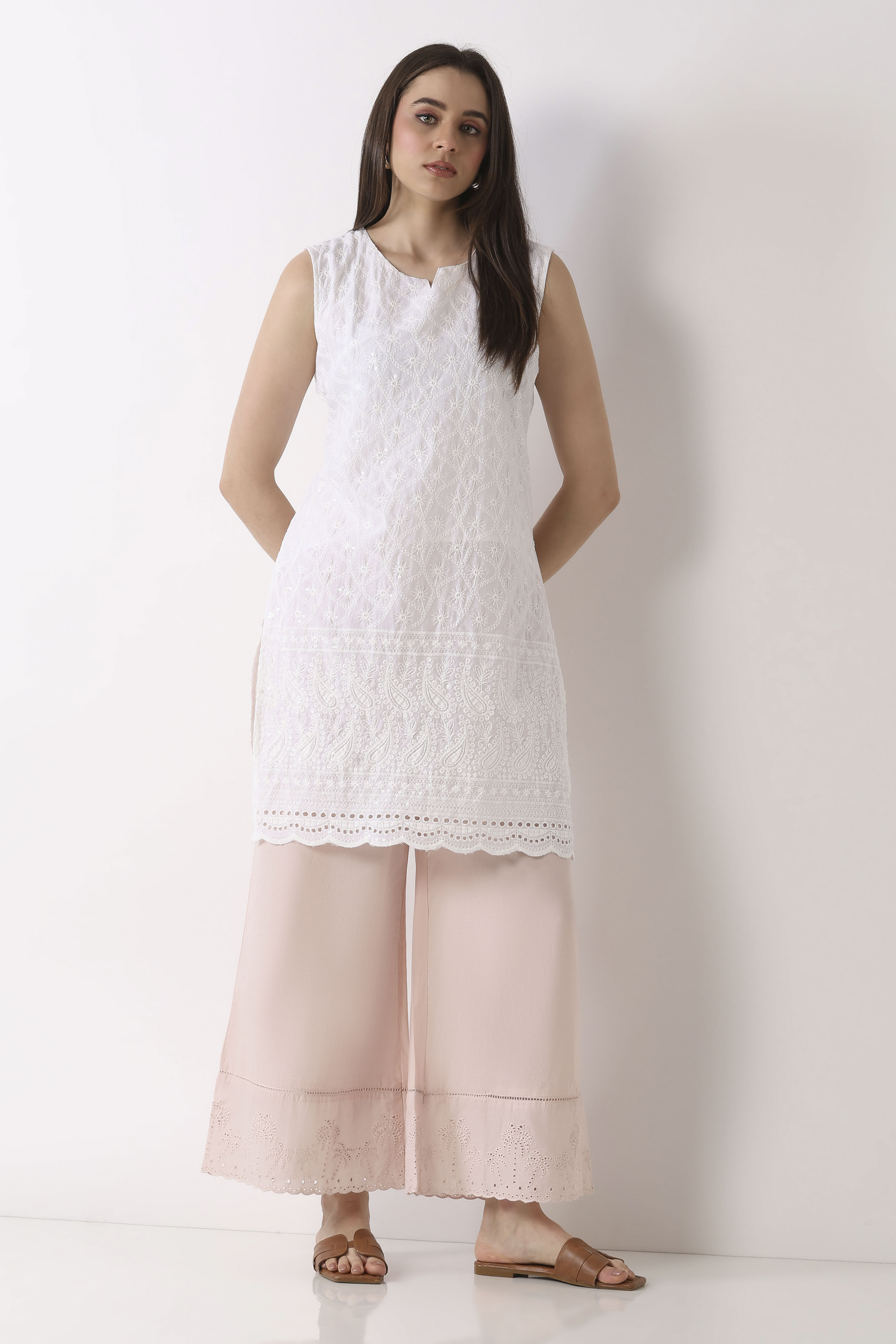Light Pink Cotton Flared Palazzos image number 6