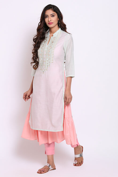 Mint Green Art Silk Double Layered Kurta image number 2