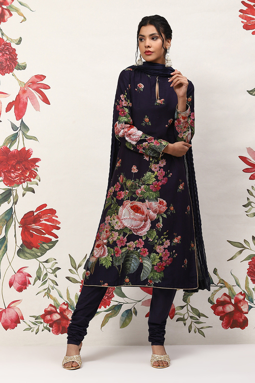 Rohit Bal Indigo Cotton Blend Straight Kurta Suit Set image number 7