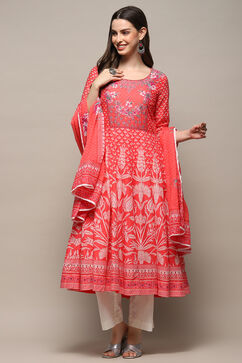 Coral Cotton Anarkali Suit Set image number 7