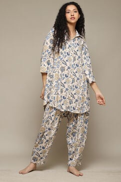 Off White & Blue Rayon Printed 2 Piece Sleepwear Set image number 0