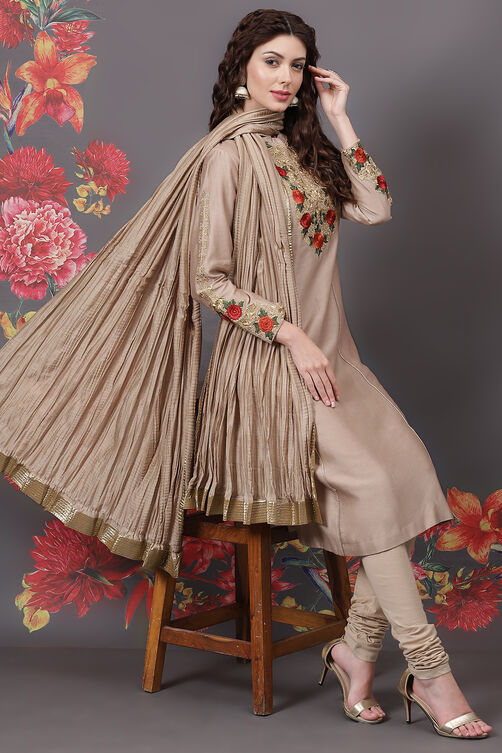 Rohit Bal Beige Silk & Cotton Flared Kurta Suit Set image number 7