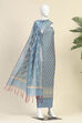 Blue Cotton Printed Embroidered Unstitched Suit Set image number 4
