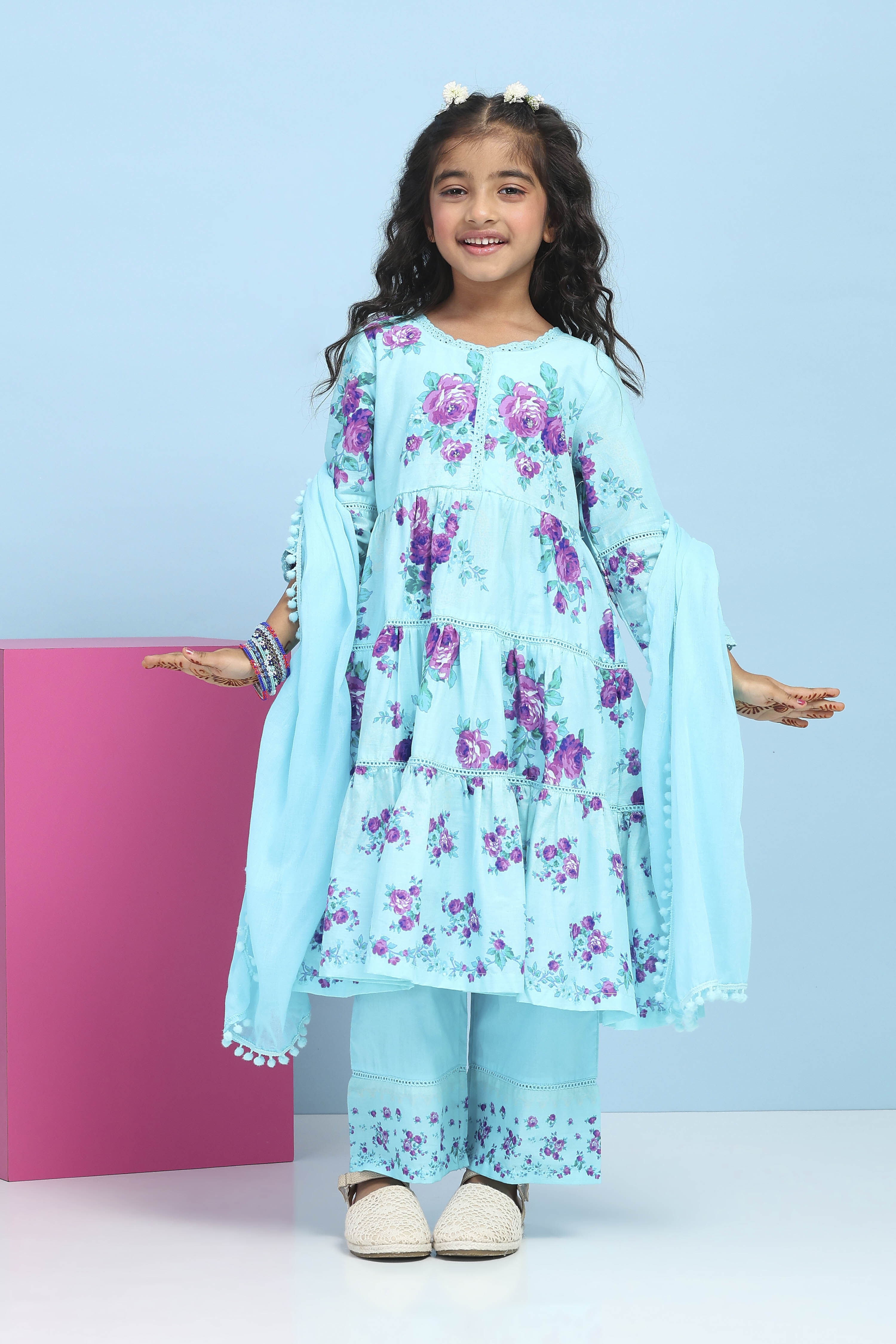 Blue Cotton Printed Tiered Suit Set image number 6