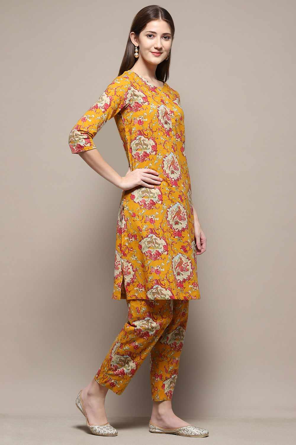 Mustard Cotton Straight Kurta Relaxed Pant Suit Set image number 5