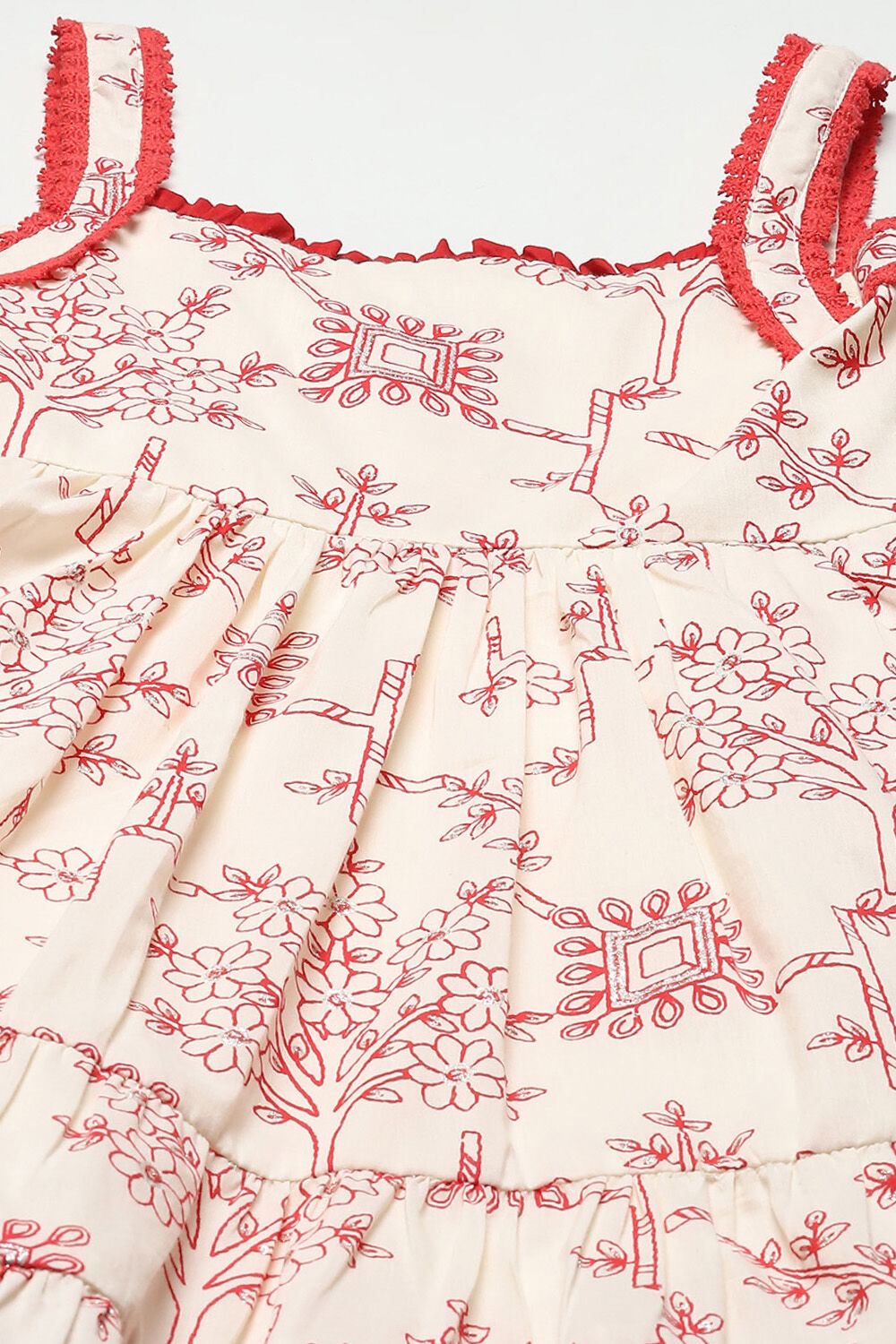 Ecru Red Printed Cambric Dress With Red Lace Detail On Neck image number 1