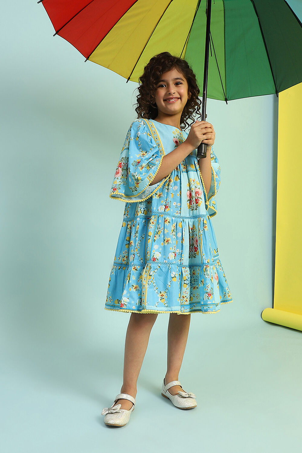 Sky Blue Cotton Printed Tiered Dress image number 5