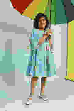 Sky Blue Cotton Printed Tiered Dress image number 5