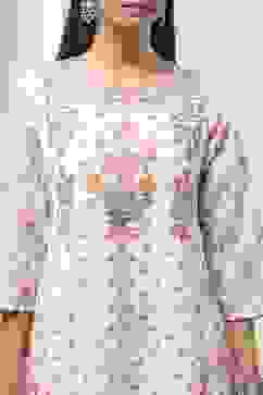 Off-White and Pink Cotton Floral Kalidar Suit Set image number 1