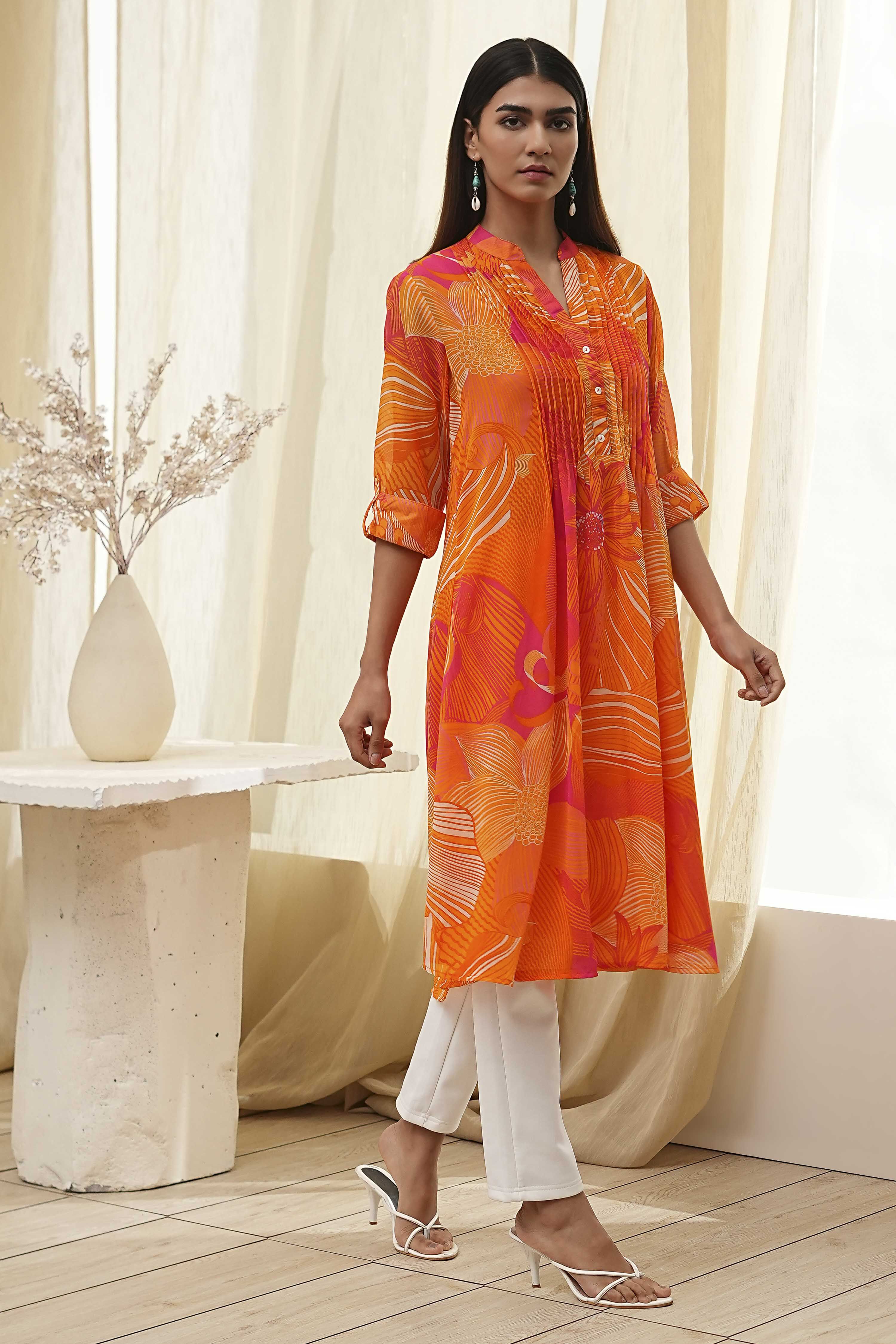 Blue Printed Pleated A-Line Kurta image number 4