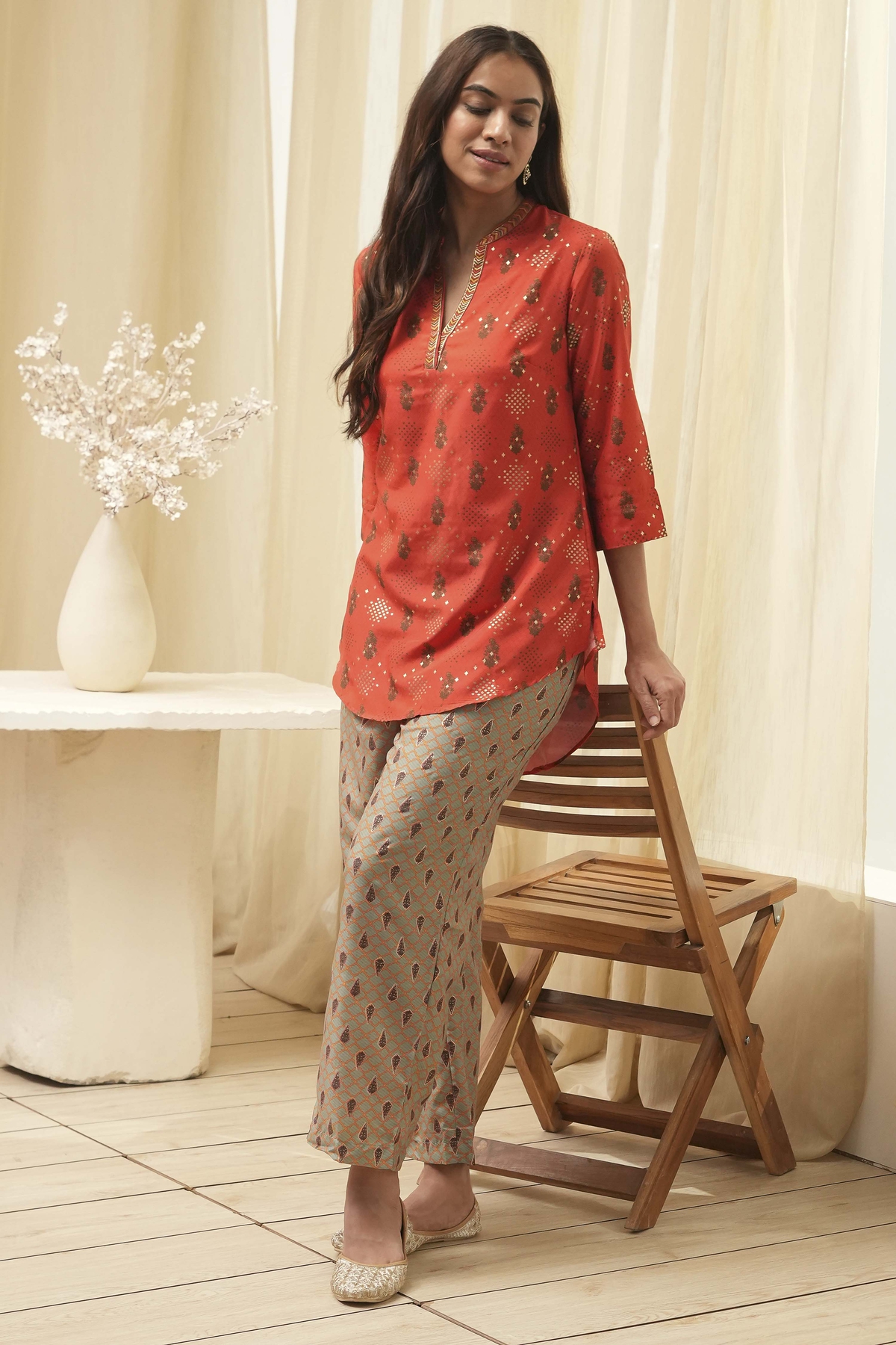 Orange Art Silk Straight 2 Piece Set