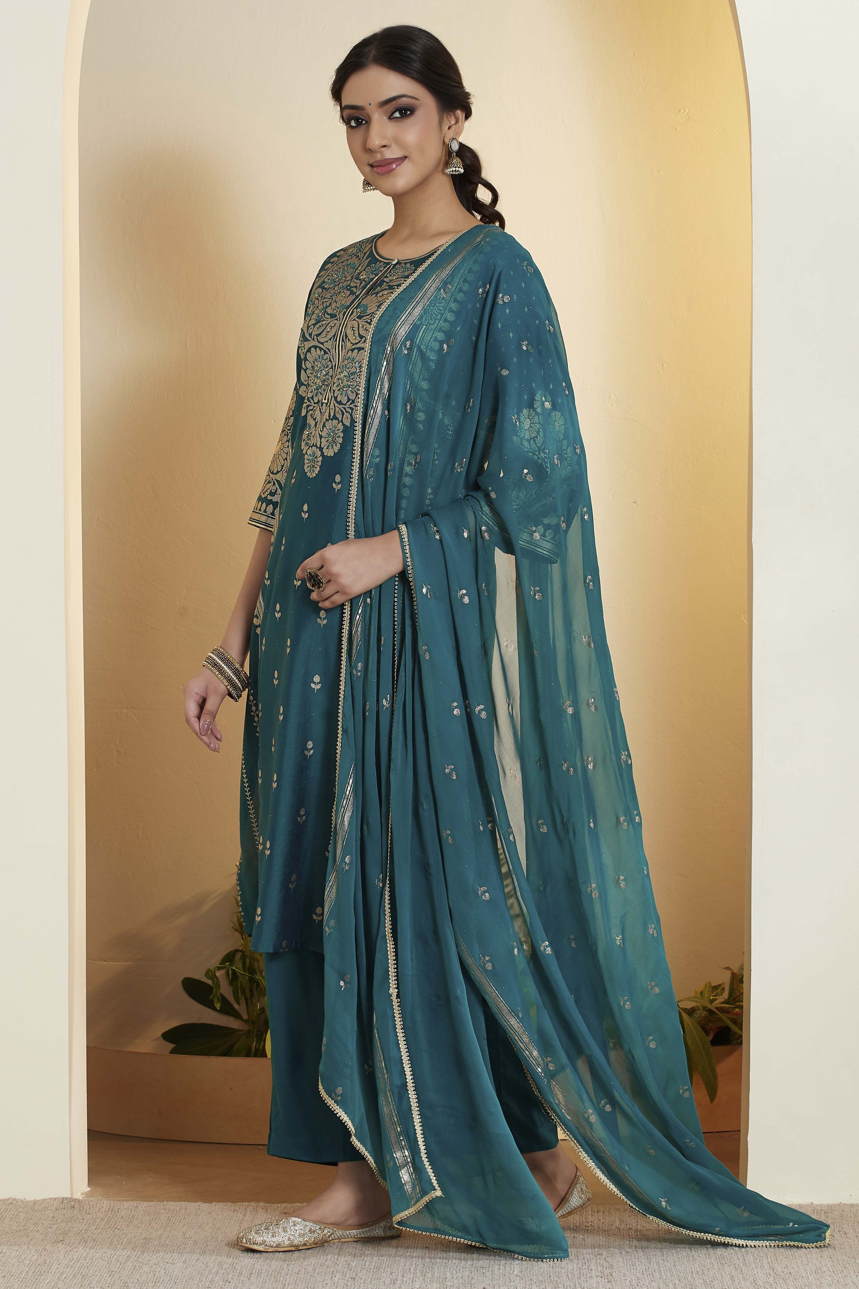 Teal Viscose Blend Embroidered Straight Kurta Set image number 4