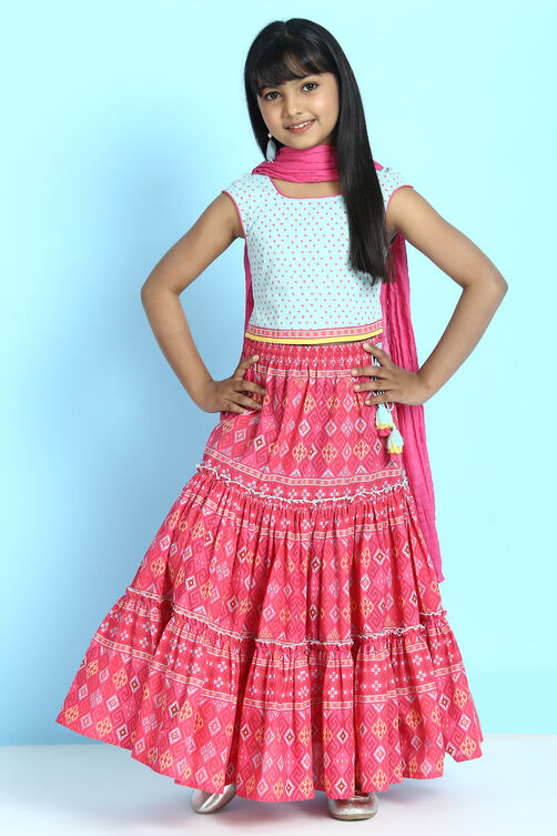 Sky Blue And Pink Cotton Straight Kurta Lehenga Suit Set image number 2