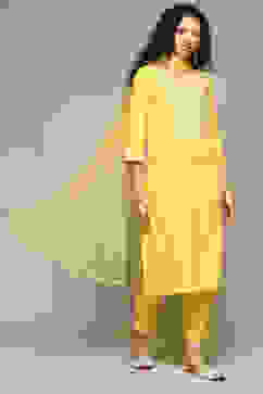 Yellow Rayon Straight Kurta Pants Suit Set image number 0