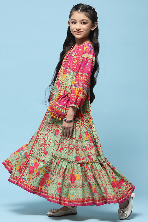Green Cotton Tiered Dress Printed Dress image number 2