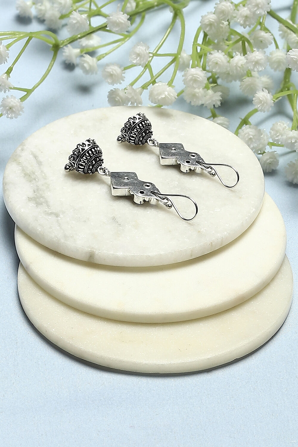 Navy Blue Oxidised Stone Studded Geometric Jhumkas image number 2