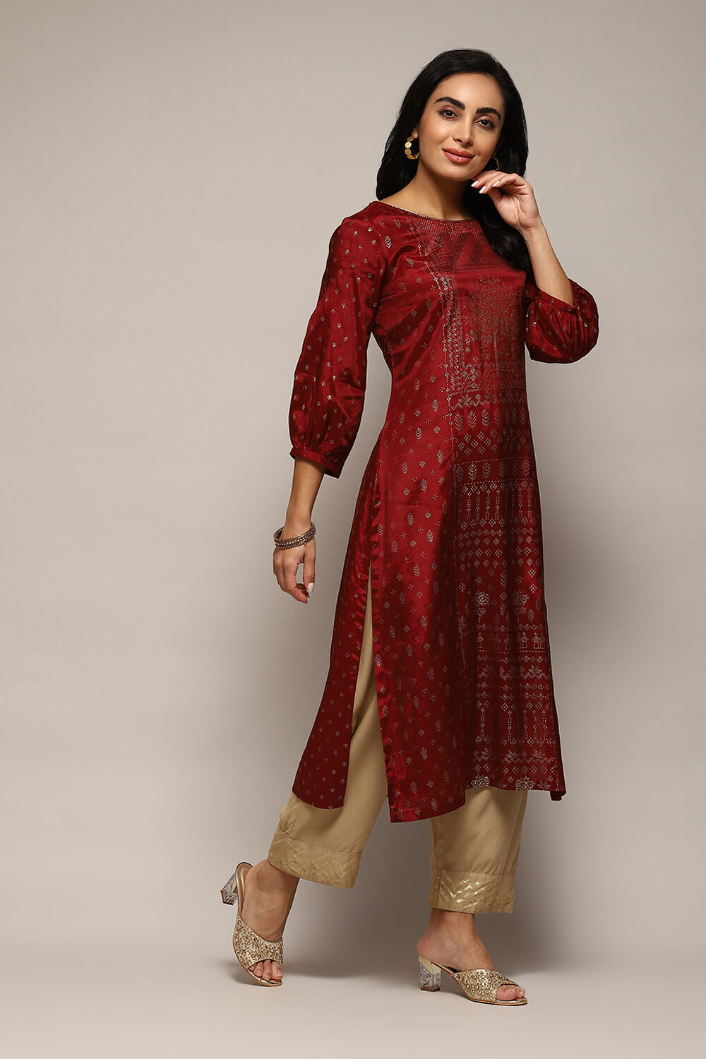 Green & Maroon Cotton Straight Printed Kurta image number 5