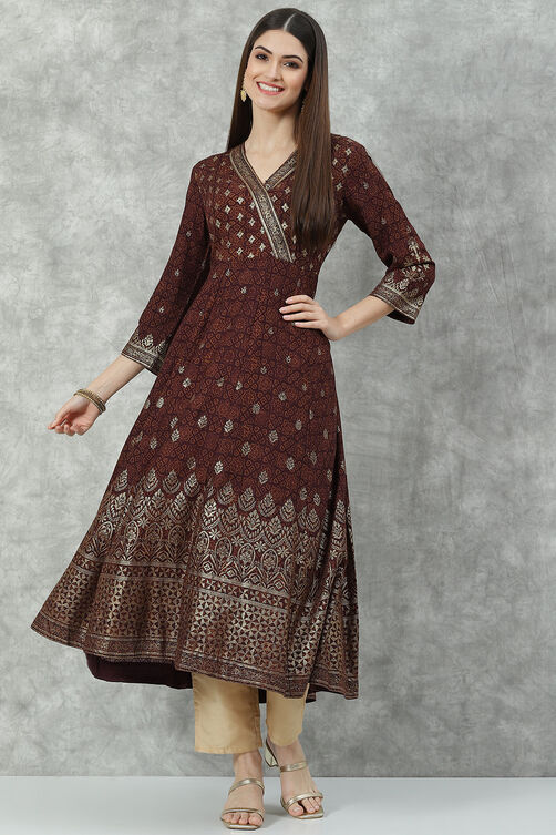 Brown Rayon Flared Printed Kurta image number 0