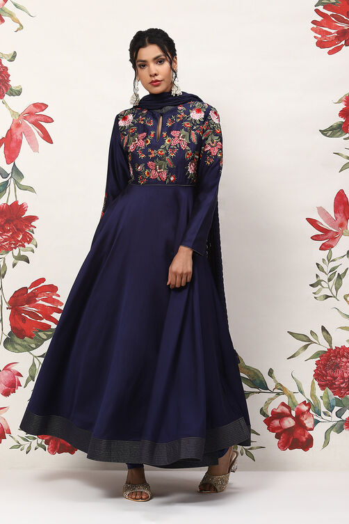 Rohit Bal Indigo Cotton Blend Anarkali Kurta Suit Set image number 7