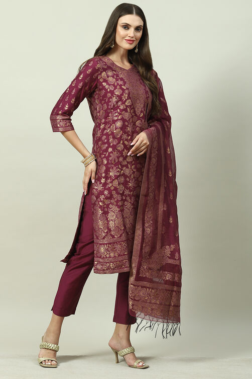 Plum Art Silk Straight Kurta Slim Pants Suit Set image number 6