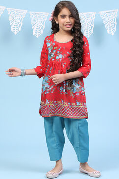 Red Art Silk Straight Printed Kurta Set image number 3