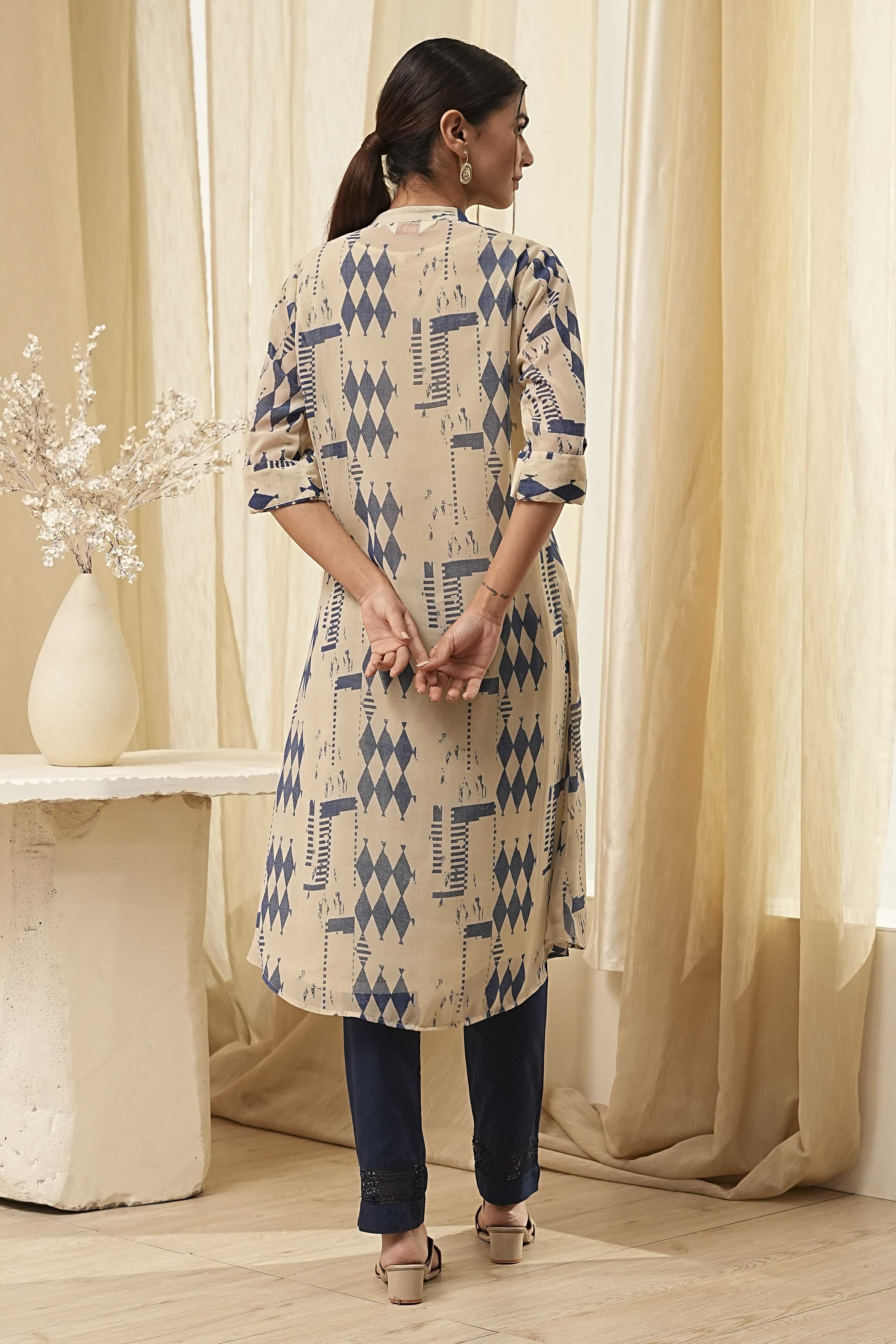Beige Printed A-Line Kurta image number 3