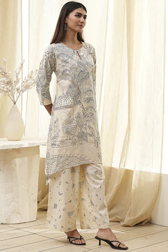 Off-White Cotton Straight Printed Kurta Set image number 5