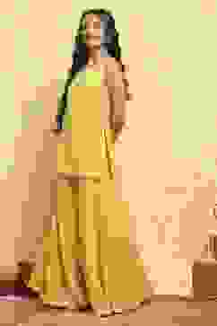 Yellow Polyester Dyed Straight Sharara Suit Set image number 3