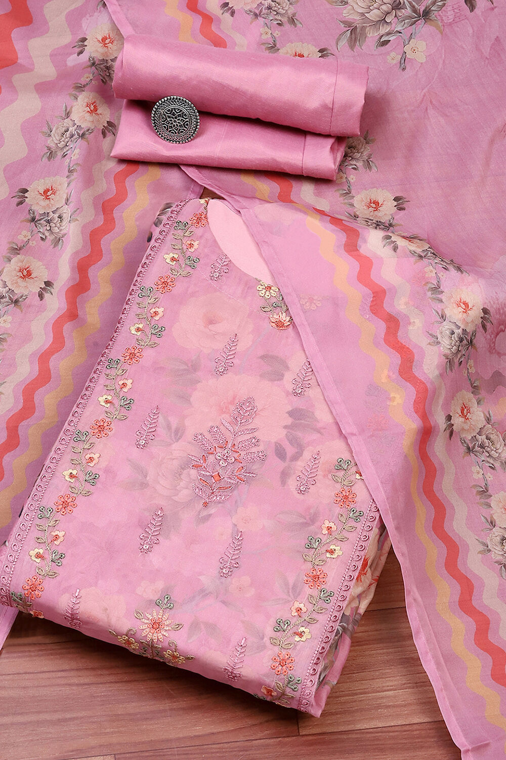 Orange Muslin Unstitched Suit Set image number 0