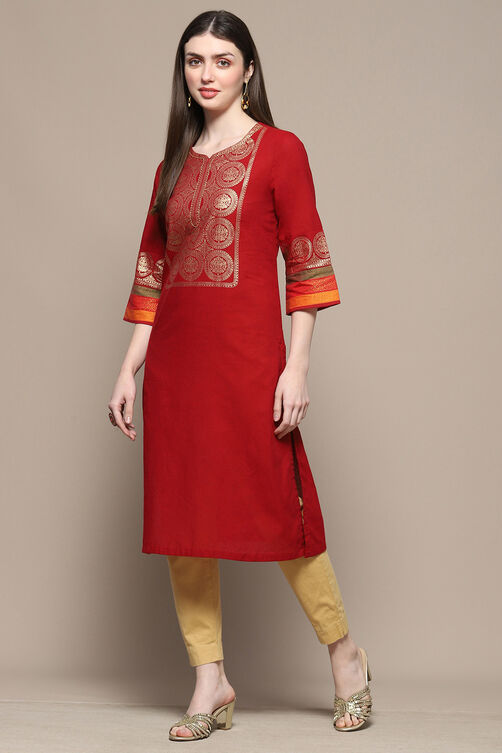 Red Cotton Straight Kurta image number 2