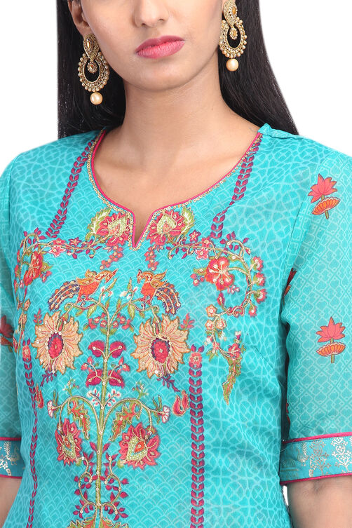 Teal Blue Art Silk A-Line Printed Kurta image number 1