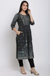 Black Cotton A-Line Printed Kurta image number 3