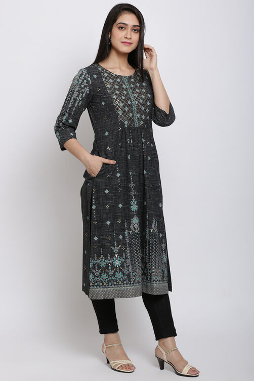 Black Cotton A-Line Printed Kurta image number 3
