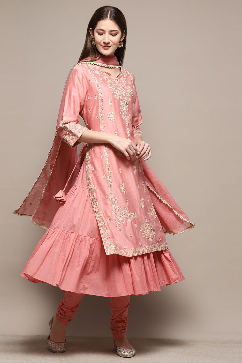 Peach Cotton Blend Layered Kurta Churidar Suit Set image number 0