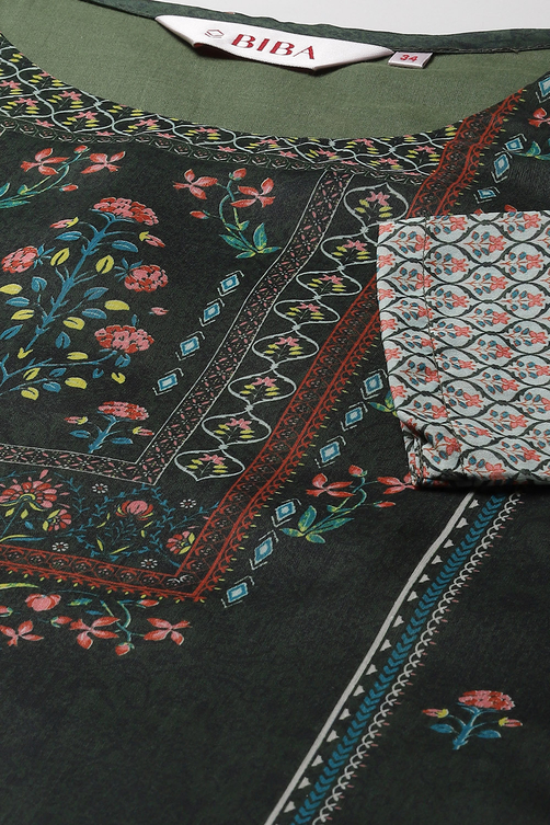 Dark Green A-Line Cotton Kurta image number 1