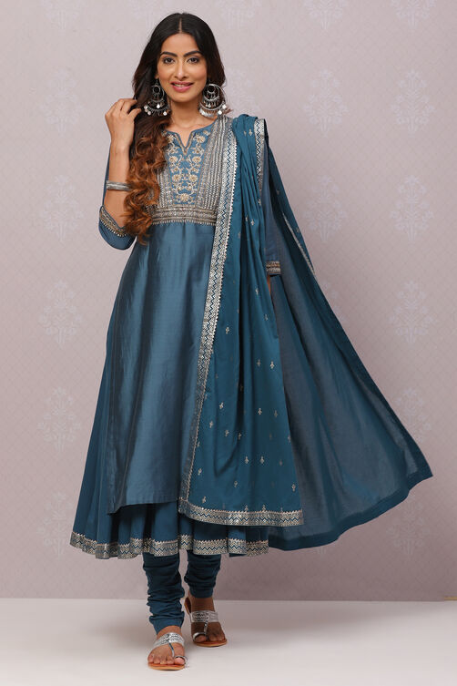 Wine Cotton Silk Flared Kurta Churidar Suit Set image number 4