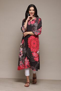 Black LIVA Straight Printed Kurta image number 0