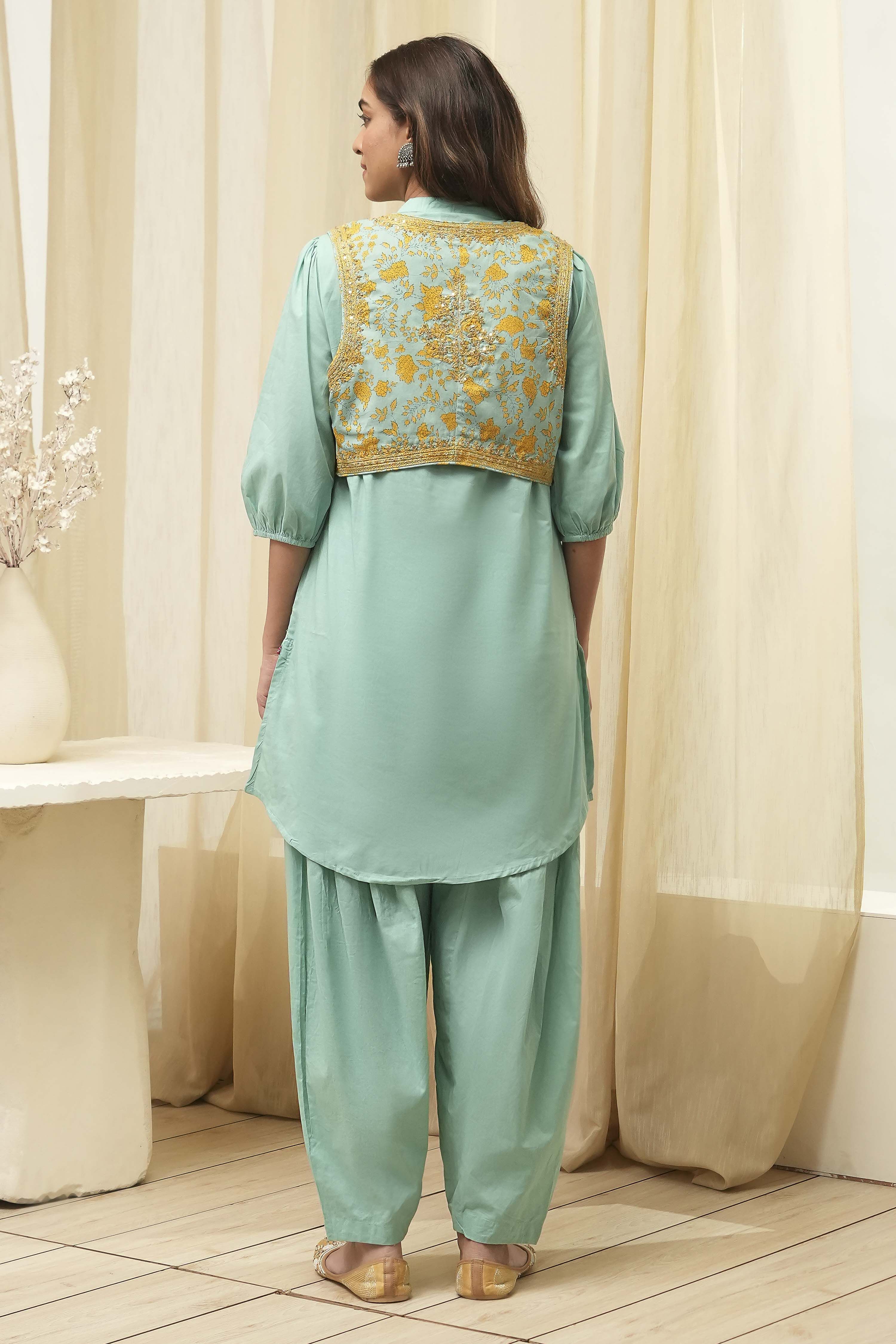 Sage Green Cotton Pathani Straight Kurta Set image number 4