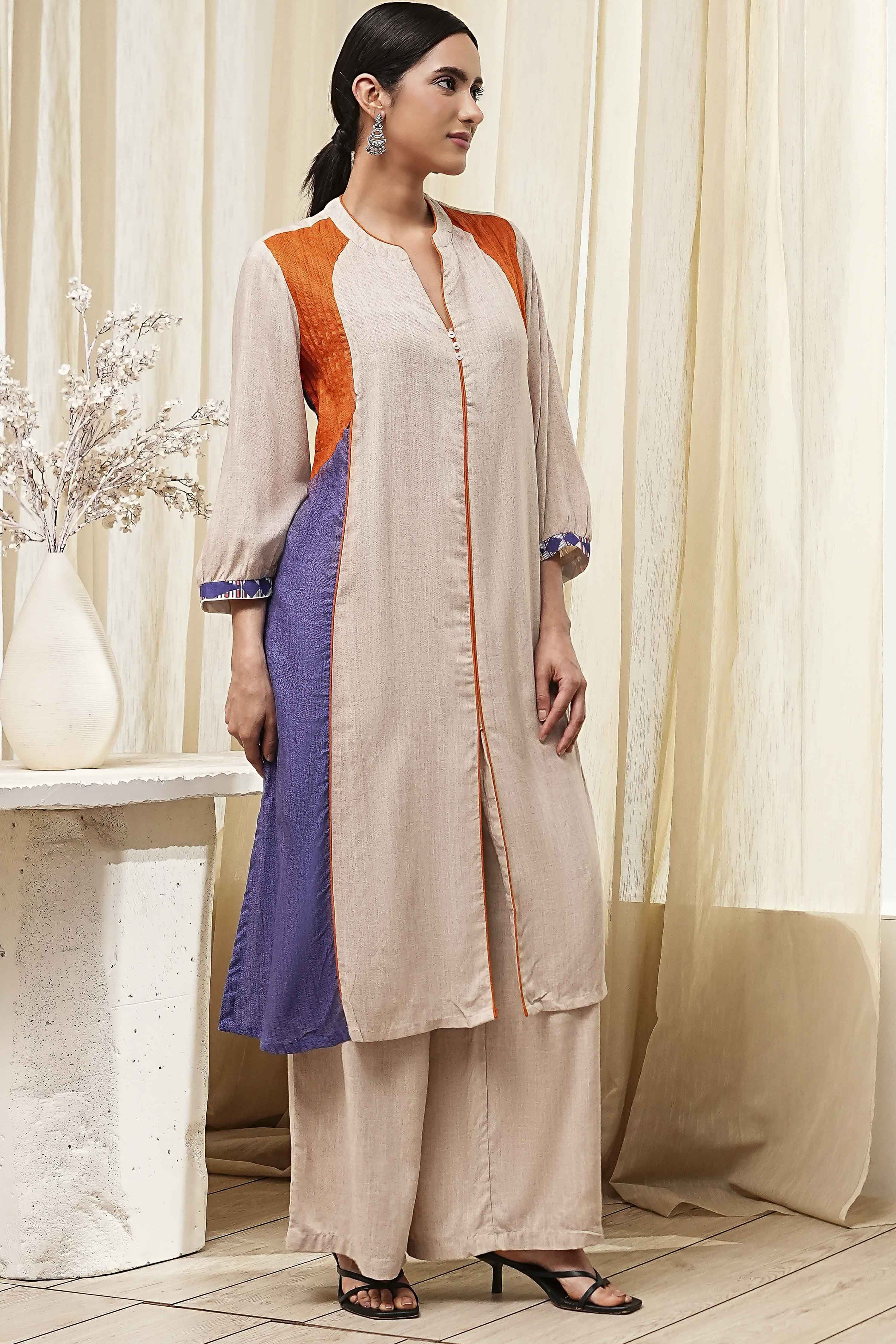 Beige Straight Printed Kurta Set image number 5