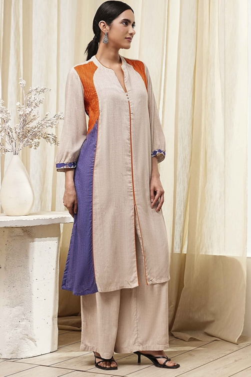 Beige Straight Printed Kurta Set image number 5