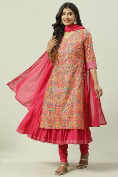 Fuschia Cotton Layered Kurta Churidar Suit Set image number 0