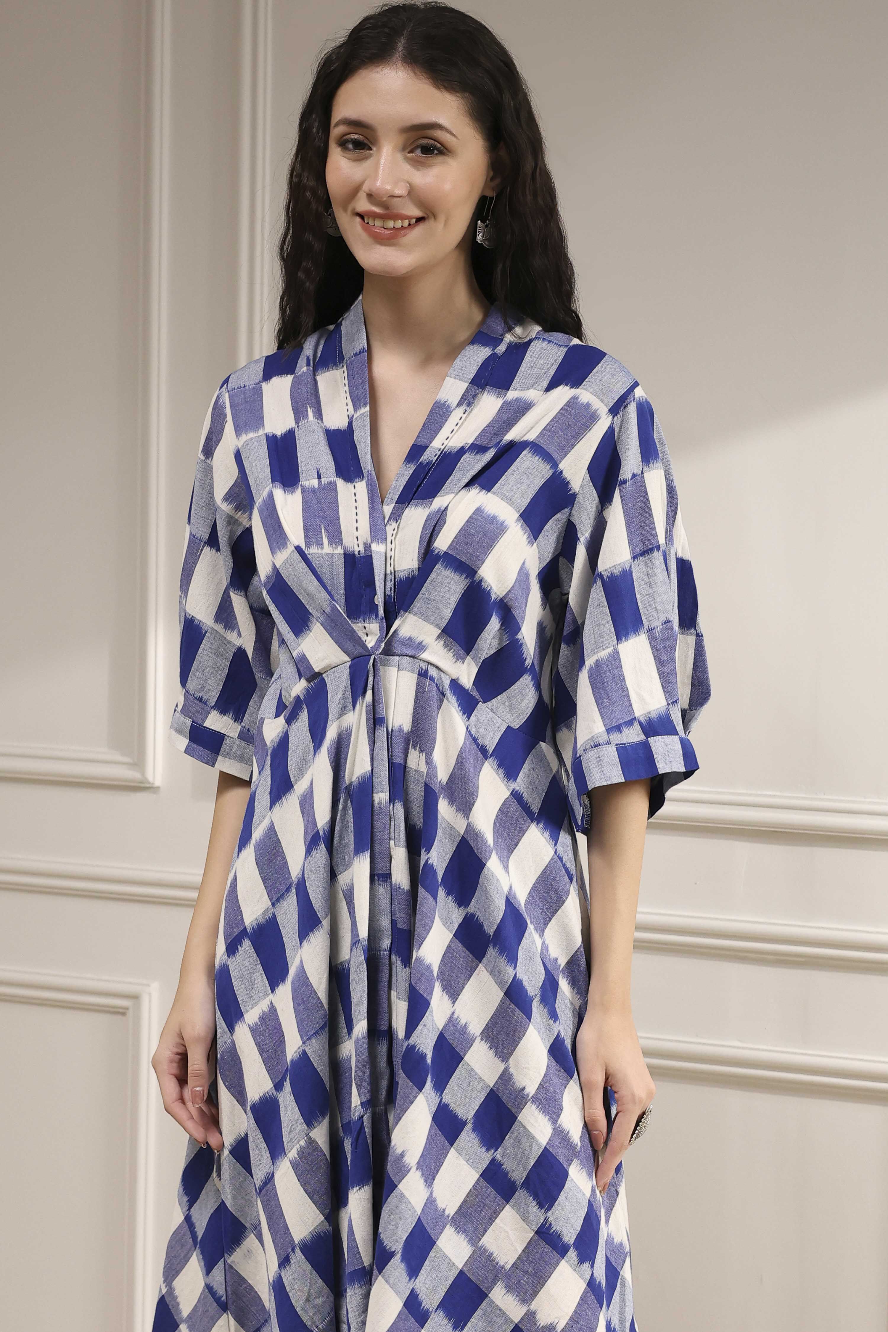 Indigo Cotton Flared Yarndyed Dress image number 1