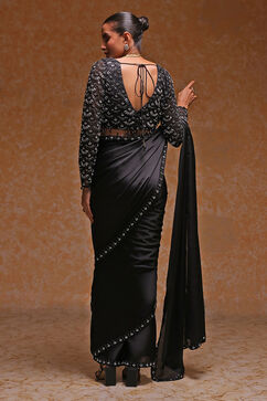 Black Poly Satin Fitted Embroidered Pre-Draped Saree image number 3