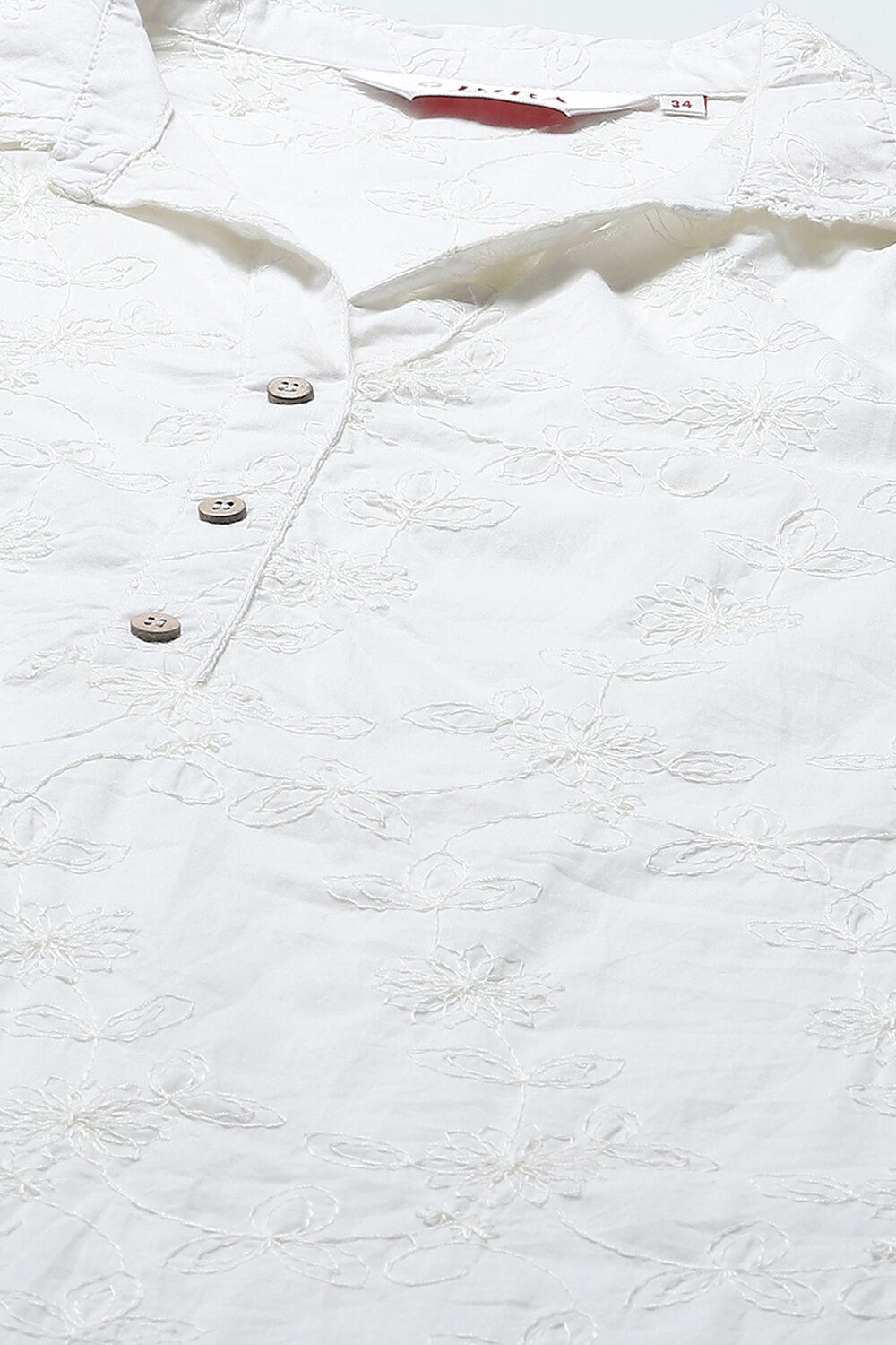 White Cotton Embroidered Straight Short Kurta image number 1