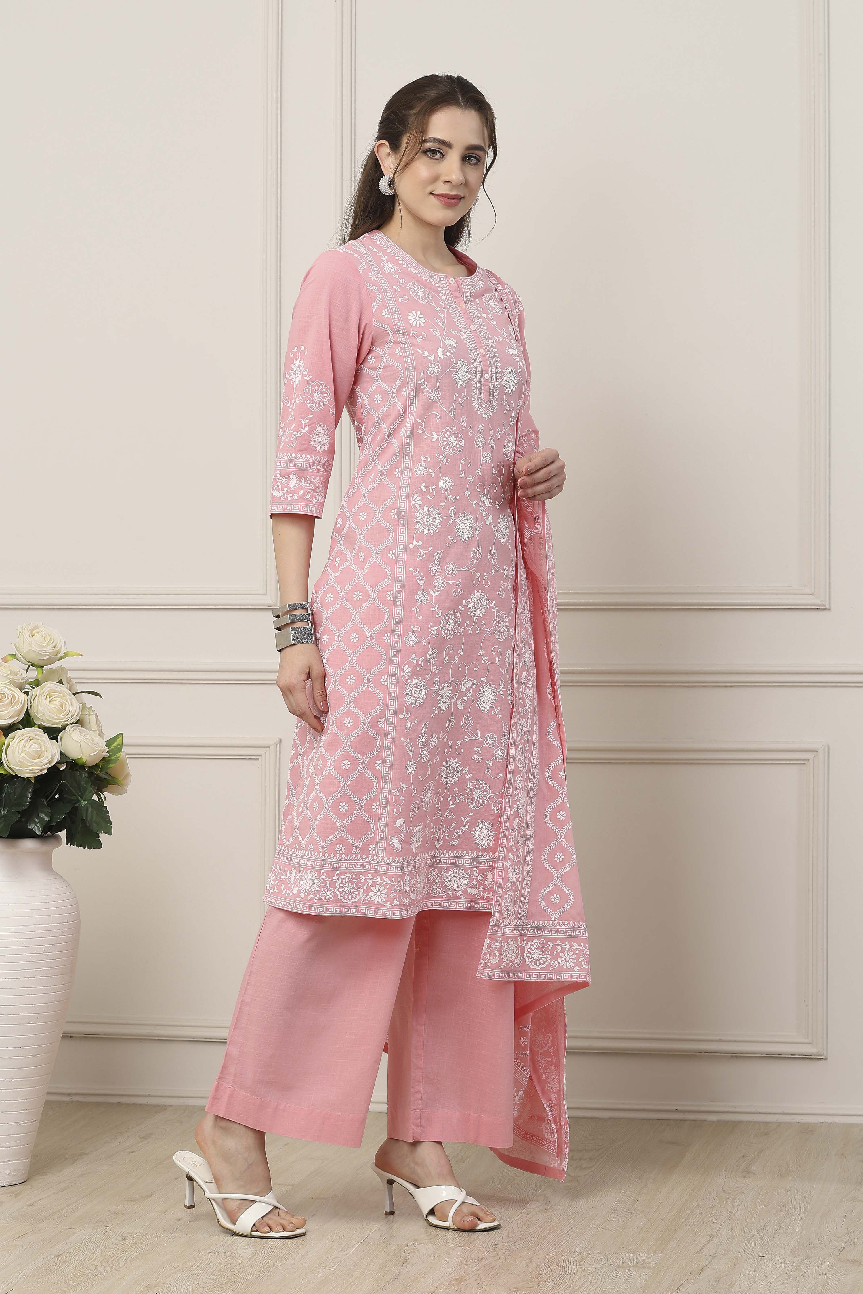 Pink & White Cotton Floral Printed Straight Suit Set image number 5
