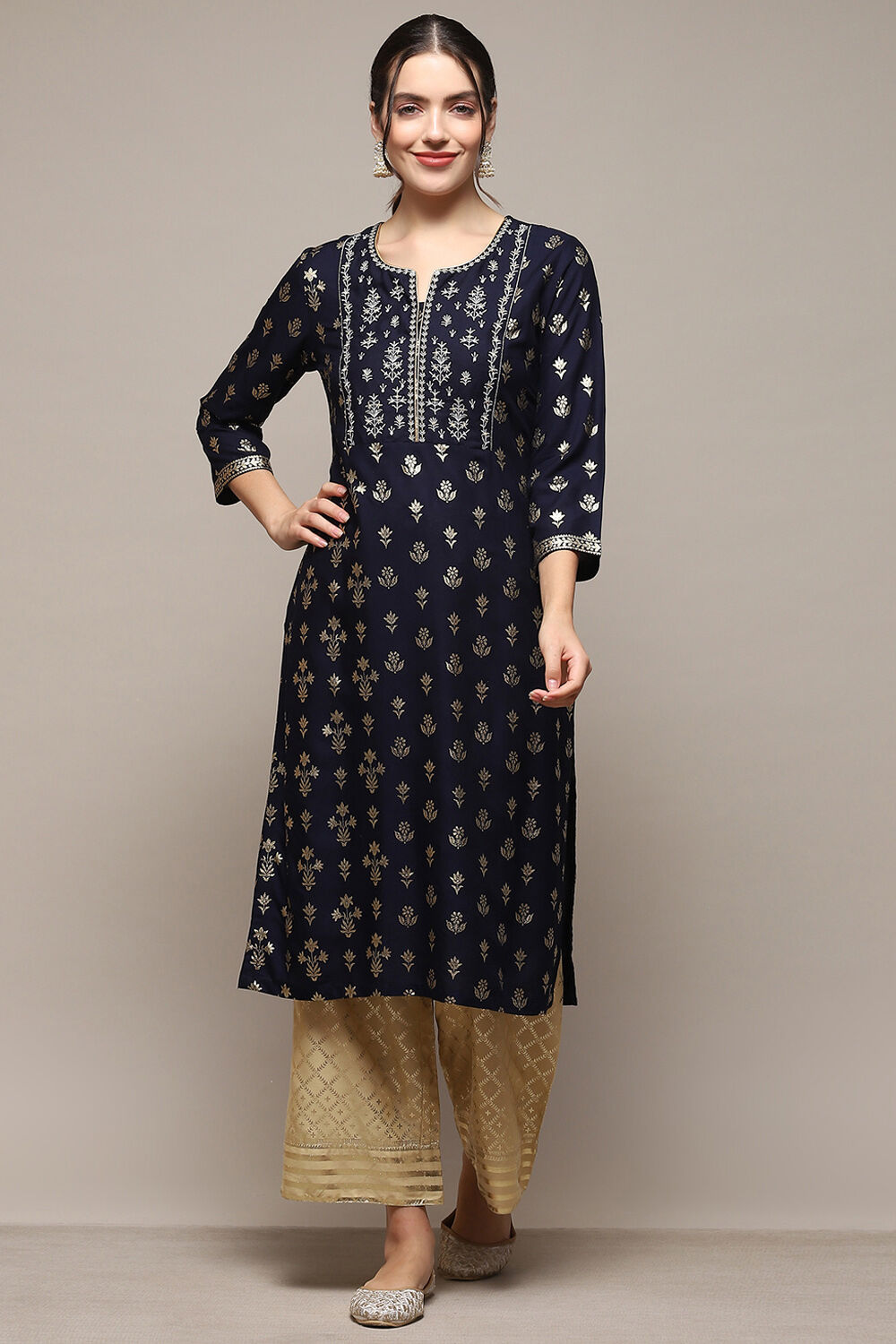 Navy Blue Rayon flax Straight Kurta Palazzo Suit Set image number 6