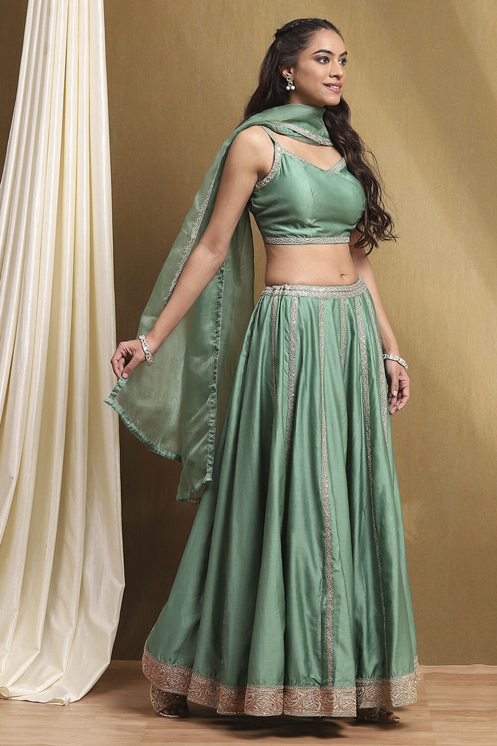 Sea Green Chanderi Silk Lehenga Set image number 6